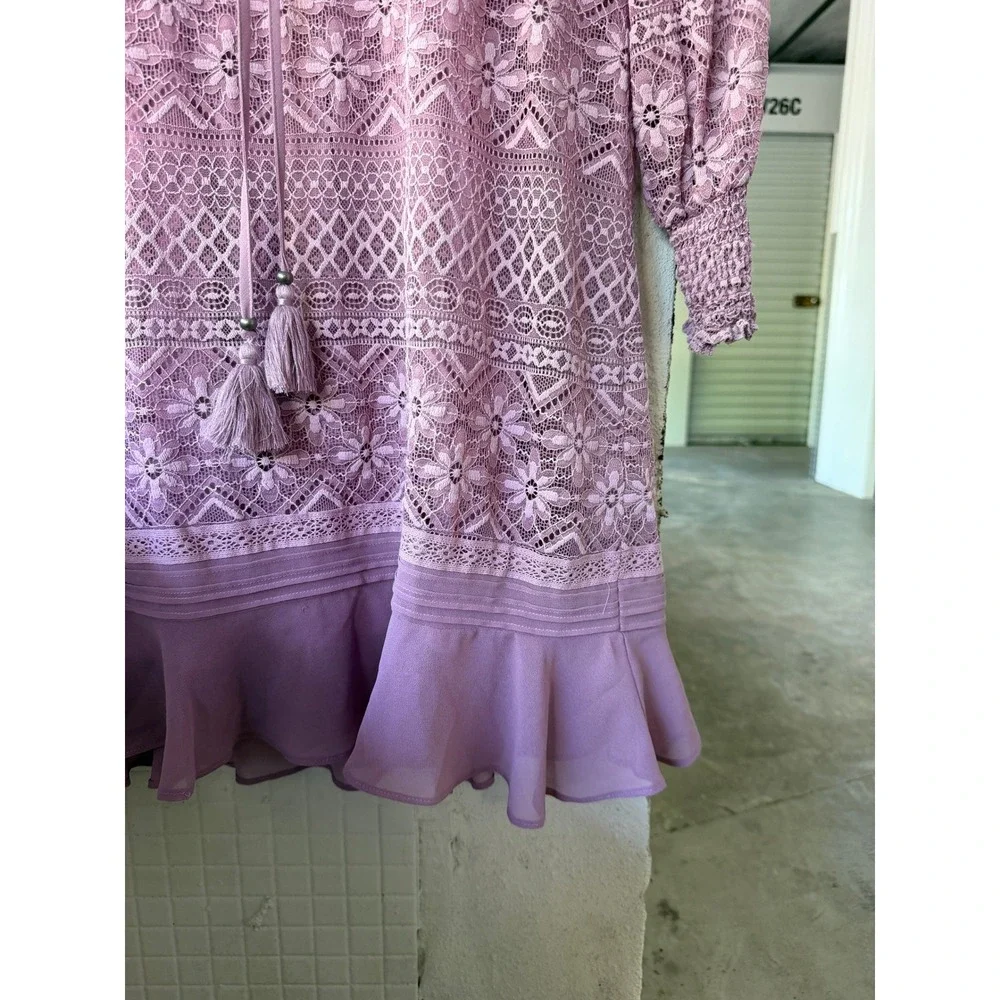 Sundance Lace Mini Dress S Purple Boho Pleated Tassel Ruffle Flounce Hem
